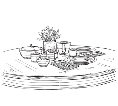 Table setting set. Weekend breakfast or dinner. Hand drawn dishes sketchのイラスト素材