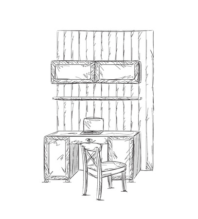 Sketch interior comfortable workplace. Hand drawn vector illustrationのイラスト素材