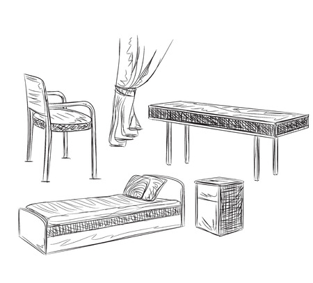 Vector illustration of bedroom furniture. Hand drawn furniture set made in linear style.のイラスト素材