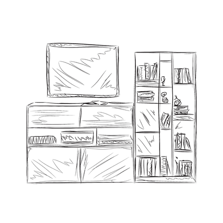Hand drawn bookshelf. Furniture sketch. Room interiorのイラスト素材