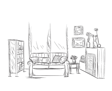 Modern interior room sketch. Hand drawn furniture elements.のイラスト素材