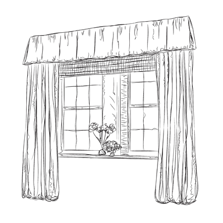 Hand drawn Windows Sketch. Curtains in the interiorのイラスト素材