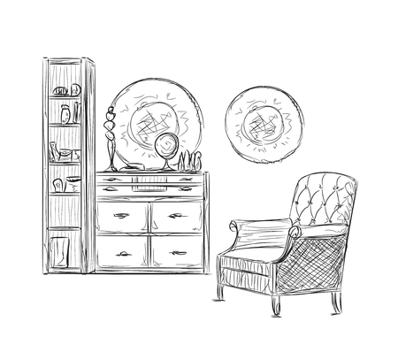 Modern interior room sketch. Hand drawn cupboard andchairのイラスト素材