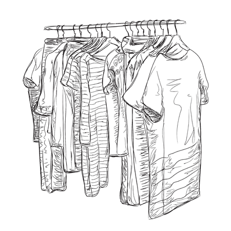 Wardrobe sketch. Hand drawn clothes shop. Dress and clothes for woman.のイラスト素材