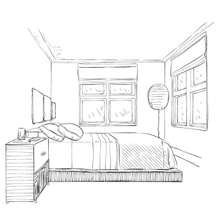 Modern bedroom with furniture. Hand drawn sketch illustrationのイラスト素材