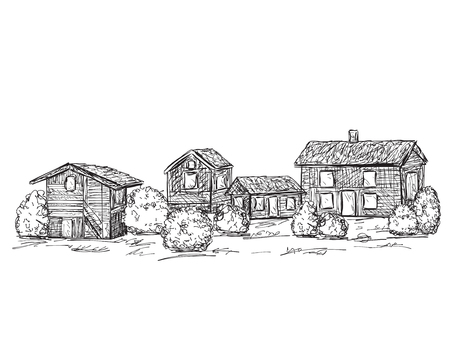 houses sketch. Doodles tree. Village house in the forest.のイラスト素材