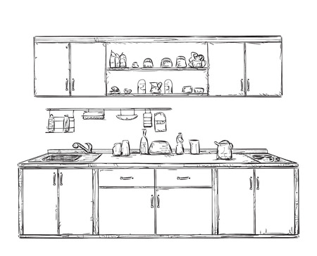Kitchen cupboard, kitchen shelves, hand drawn interiorのイラスト素材