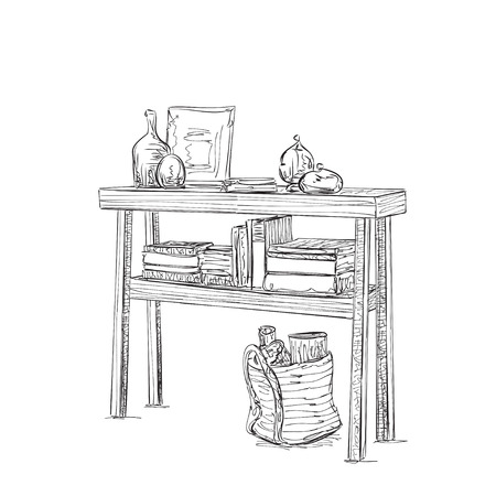 Hand drawn table, dishes and books. Furniture sketch. Interior for pupil or student.のイラスト素材