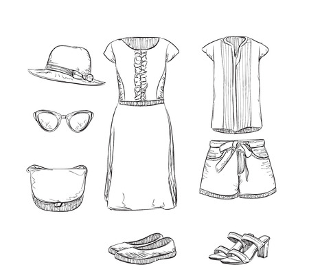 Summer clothes sketch. Hand drawn clothes for girlのイラスト素材