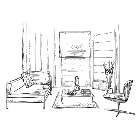 Modern interior room sketch. Hand drawn illustration.のイラスト素材