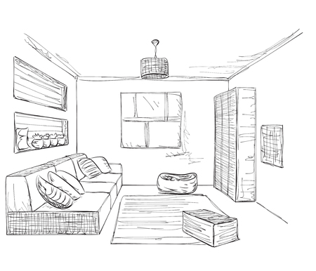 Hand drawn room interior. Sofa and furniture sketch.のイラスト素材