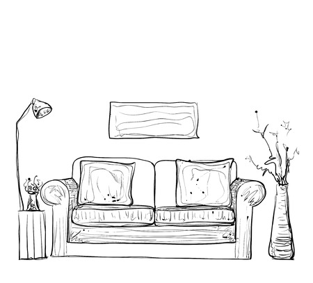 Room interior sketch. Hand drawn sofa and furniture.のイラスト素材