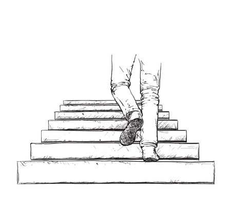 Man climbing the stairs. Hand drawn stairs and legsのイラスト素材