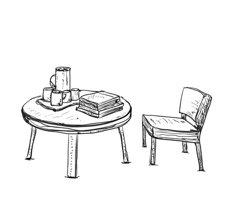 Furniture in summer cafe. Chair and table sketchのイラスト素材