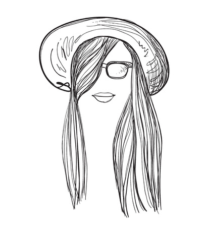 Hand drawn summer illustration. Girl in hat and sunglasses. Hairのイラスト素材