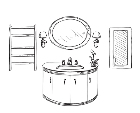 Bathroom interior sketch. Hand drawn washbasin. Bouquet of flowersのイラスト素材
