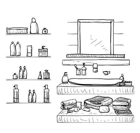 Bathroom interior elements. Hand drawn mirror and washbasin.のイラスト素材