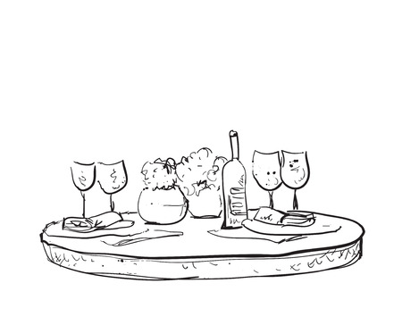 Hand Drawn wares. Romantic dinner for two. Wine and dishesのイラスト素材