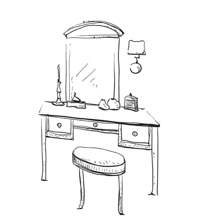 Hand drawn chair, table and mirror. Vanity tableのイラスト素材