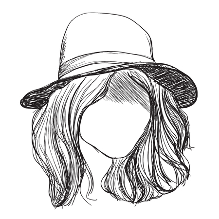 Hand drawn hair. Services in hair care. Girl in the hatのイラスト素材