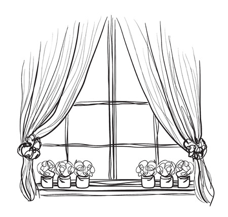 Hand drawn Windows Sketch. Curtains and flowersのイラスト素材
