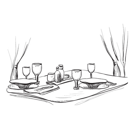 Vector illustration of a romantic table for two. Dinner.のイラスト素材