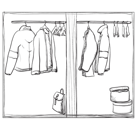Hand drawn wardrobe sketch. Clothes on the hangers.のイラスト素材