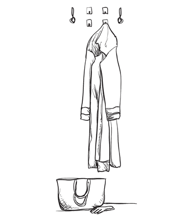 Hand drawn wardrobe sketch with clothes. Hall interior.のイラスト素材