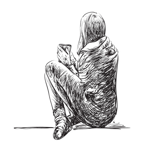 Sketch of woman seating isolated. Hand drawn illustrationのイラスト素材