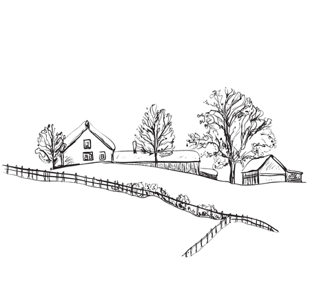 Winter background, house in the snow landscape. Sketchingのイラスト素材