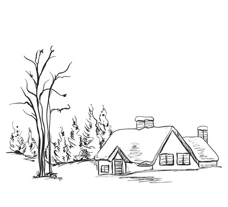 Winter background, house in the snow landscape. Sketchingのイラスト素材