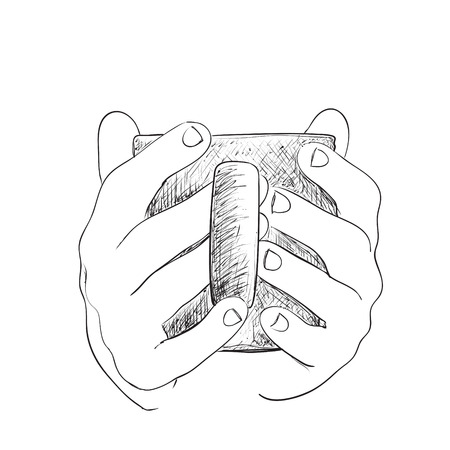 Cup of coffee. Hand drawn sketch style. Hot drink in the hand.のイラスト素材