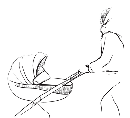 Young woman walking with her newborn child.のイラスト素材