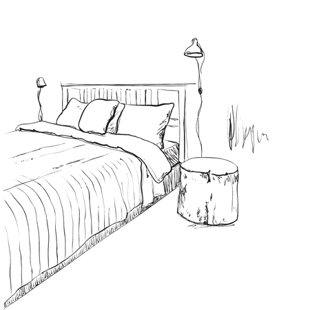 Bedroom interior sketch. Hand drawn furniture and bedclothesのイラスト素材