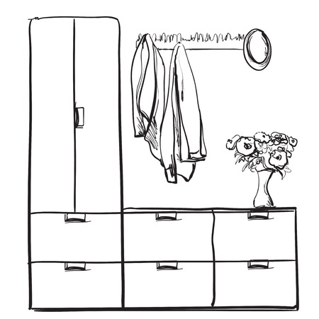 Hand drawn wardrobe sketch with clothes. Hall interior.のイラスト素材