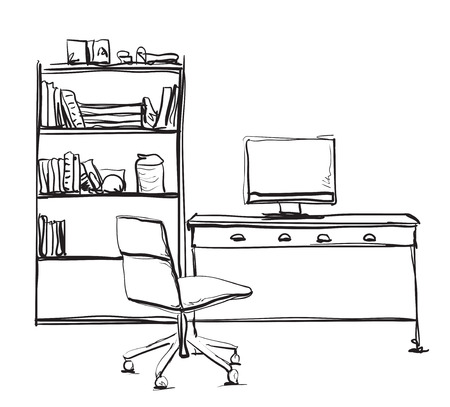 Hand drawn workplace. Chair and computer sketchのイラスト素材