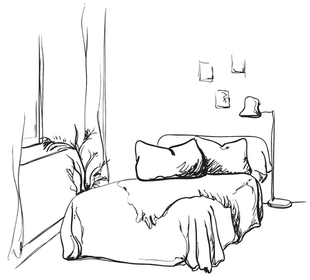 Bedroom interior sketch. Hand drawn furnitureのイラスト素材