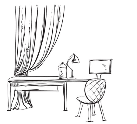 Desk with a computer or workplace in office drawn by hand doodle style.のイラスト素材