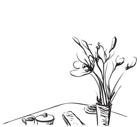 Dining table with coffee. Hand Drawn Sketch Vector illustration.のイラスト素材