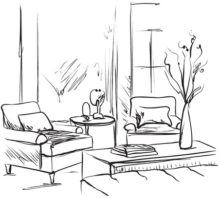 Hand drawn room interior sketch. Chair, table flowerpotのイラスト素材