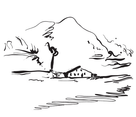 Cartoon landscape with fields and trees. Sketchingのイラスト素材