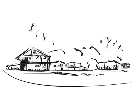 Landscape with Trees and House. Hand drawn sketch.のイラスト素材