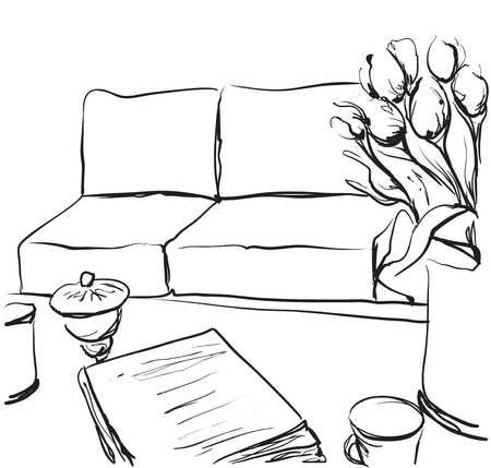 Hand drawn room interior sketch. Chair, table flowerpotのイラスト素材