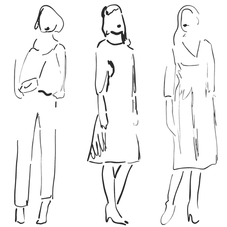 Cute cartoon girls. Models sketch. Fashionのイラスト素材