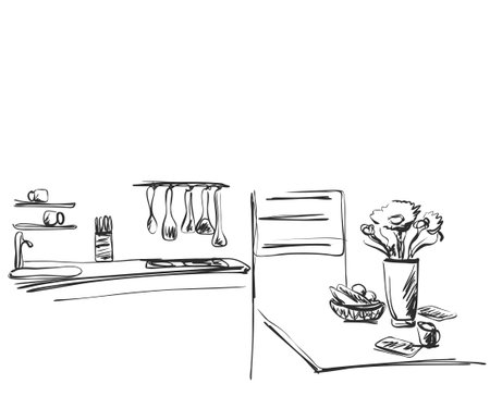Kitchen interior drawing. Furniture sketchのイラスト素材