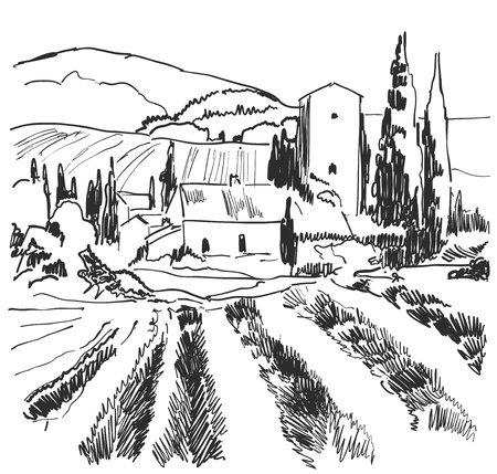 Vector illustration landscape nature with agrarian fields. Sketchのイラスト素材