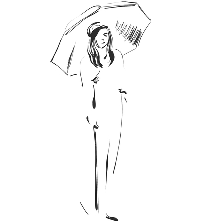 Sketch of girl with umbrella Vector illustrationのイラスト素材