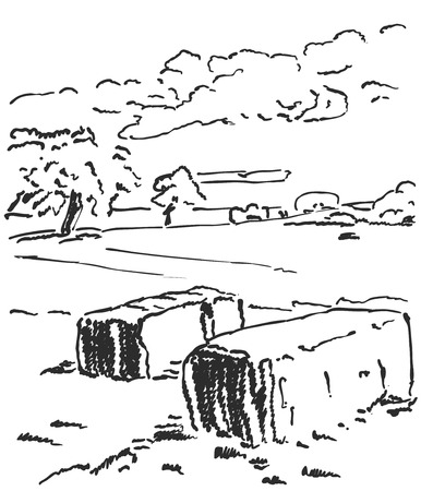 Rural landscape with hay bales. Wheat field and farm.のイラスト素材