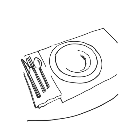 Sketch of plate, knife, fork and spoon, Hand drawn illustration, Isolated vector black lines on white backgroundの写真素材