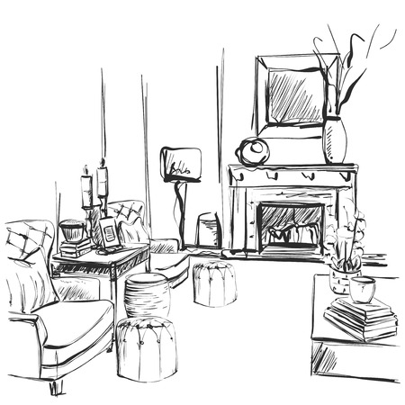 Hand drawn room interior sketch.のイラスト素材